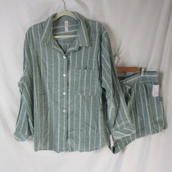 Auden Pajama Set 2 pc. Sage Green White Striped Shorts Button Down Size XXL NWT - Picture 1 of 13